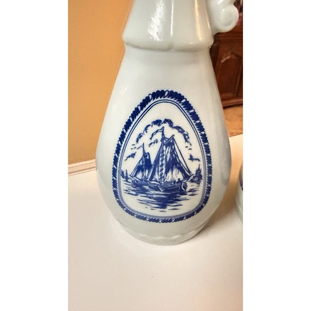 1963 Jim Beam Milk Glass Decanter Set Delft Blue‎ Sailing Ship Bottle Pair Vtg
